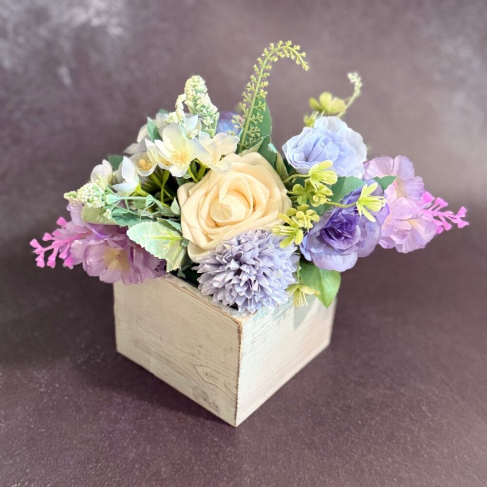 Faux Floral Arrangement in Rustic Wooden Box – Home or Office Decor